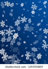 Snow flakes falling macro vector graphics, christmas snowflakes confetti falling scatter card. Winter snow shapes decor. Motion flakes falling and flying winter seasonal weather vector.