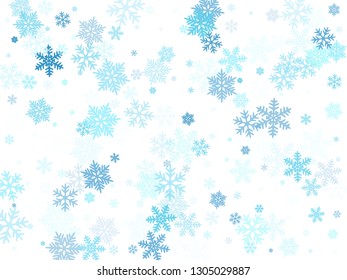 Snow flakes falling macro vector illustration, christmas snowflakes confetti falling chaotic scatter card. Winter xmas snow background. Airy flakes falling and flying winter cool vector background.