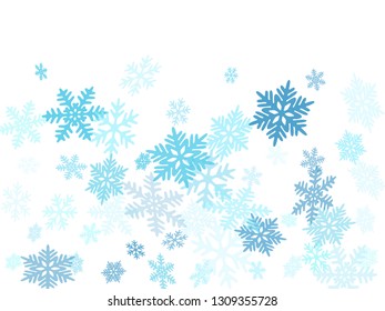 Snow flakes falling macro vector illustration, christmas snowflakes confetti falling chaotic scatter card. Winter snow shapes decor. Airy flakes falling and flying winter simple vector background.