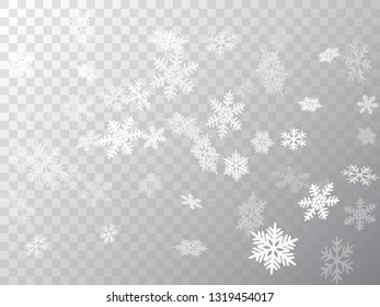 Snow flakes falling macro vector illustration, christmas snowflakes confetti falling scatter card. Winter xmas snow background. Motion flakes falling and flying winter cold weather vector.