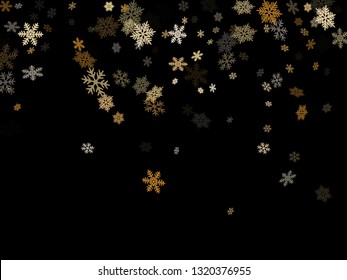 Snow flakes falling macro vector design, christmas snowflakes confetti falling scatter backdrop. Winter xmas snow background. Motion flakes falling and flying winter cool vector background