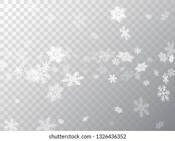 Snow flakes falling macro vector illustration, christmas snowflakes confetti falling scatter banner. Winter snow shapes decor. Windy flakes falling and flying winter clear vector background.
