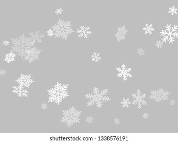 Snow flakes falling macro vector graphics, christmas snowflakes confetti falling scatter backdrop. Winter xmas snow background. Motion flakes falling and flying winter trendy vector background