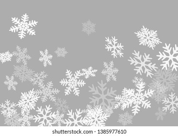 Snow flakes falling macro vector illustration, christmas snowflakes confetti falling scatter banner. Winter xmas snow background. Windy flakes falling and flying winter cold season vector.