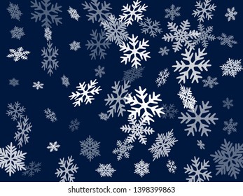 Snow flakes falling macro vector graphics, christmas snowflakes confetti falling scatter card. Winter xmas snow background. Motion flakes falling and flying winter cold weather vector.