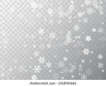 Snow flakes falling macro vector design, christmas snowflakes confetti falling scatter backdrop. Winter xmas snow background. Windy flakes falling and flying winter cool vector background.