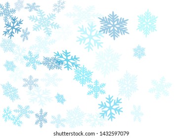 Snow flakes falling macro vector graphics, christmas snowflakes confetti falling scatter backdrop. Winter snow shapes decor. Windy flakes falling and flying winter cold vector background.