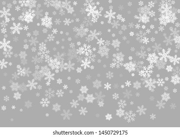 Snow flakes falling macro vector illustration, christmas snowflakes confetti falling scatter card. Winter xmas snow background. Motion flakes falling and flying winter cold weather vector.