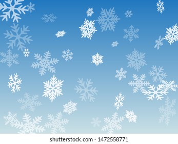 Snow flakes falling macro vector graphics, christmas snowflakes confetti falling scatter banner. Winter snow shapes decor. Windy flakes falling and flying winter cold season vector.