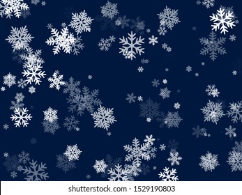 Snow flakes falling macro vector illustration, christmas snowflakes confetti falling scatter backdrop. Winter snow shapes decor. Airy flakes falling and flying winter seasonal weather vector.