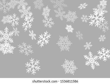 Snow flakes falling macro vector graphics, christmas snowflakes confetti falling scatter backdrop. Winter xmas snow background. Windy flakes falling and flying winter trendy vector background.
