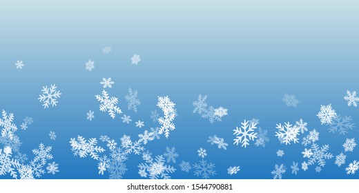 Snow flakes falling macro vector illustration, christmas snowflakes confetti falling scatter backdrop. Winter xmas snow background. Motion flakes falling and flying winter simple vector background