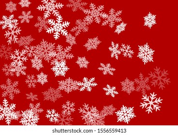 Snow flakes falling macro vector illustration, christmas snowflakes confetti falling scatter card. Winter xmas snow background. Windy flakes falling and flying winter magic vector background.