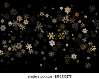 Snow flakes falling macro vector illustration, christmas snowflakes confetti falling scatter banner. Winter snow shapes decor. Windy flakes falling and flying winter simple vector background.