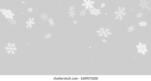 Snow flakes falling macro vector illustration, christmas snowflakes confetti falling scatter backdrop. Winter xmas snow background. Windy flakes falling and flying winter cold weather vector.