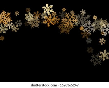Snow flakes falling macro vector illustration, christmas snowflakes confetti falling scatter banner. Winter snow shapes decor. Windy flakes falling and flying winter cold season vector.