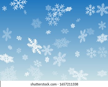 Snow flakes falling macro vector graphics, christmas snowflakes confetti falling scatter backdrop. Winter xmas snow background. Windy flakes falling and flying winter cold season vector.