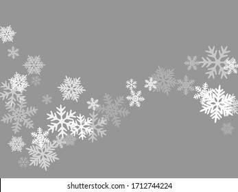 Snow flakes falling macro vector illustration, christmas snowflakes confetti falling scatter backdrop. Winter snow shapes decor. Airy flakes falling and flying winter cool vector background.