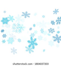 Snow flakes falling macro vector graphics, christmas snowflakes confetti falling scatter banner. Winter xmas snow background. Airy flakes falling and flying winter trendy vector background.