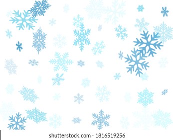 Snow flakes falling macro vector illustration, christmas snowflakes confetti falling scatter card. Winter xmas snow background. Motion flakes falling and flying winter trendy vector background