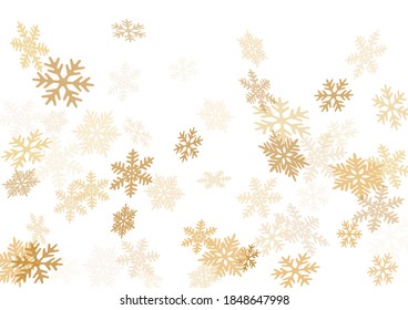 Snow flakes falling macro vector illustration, christmas snowflakes confetti falling chaotic scatter card. Winter snow shapes decor. Windy flakes falling and flying winter cold vector background.