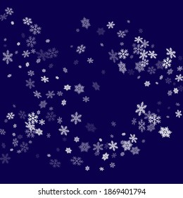 Snow flakes falling macro vector illustration, christmas snowflakes confetti falling chaotic scatter card. Winter xmas snow background. Motion flakes falling and flying winter simple vector background