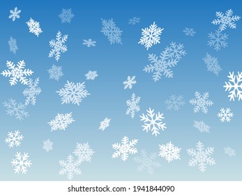 Snow flakes falling macro vector illustration, christmas snowflakes confetti falling scatter banner. Winter xmas snow background. Windy flakes falling and flying winter clear vector background.