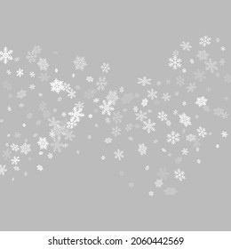 Snow flakes falling macro vector design, christmas snowflakes confetti falling chaotic scatter card. Winter xmas snow background. Windy flakes falling and flying winter cool vector background.