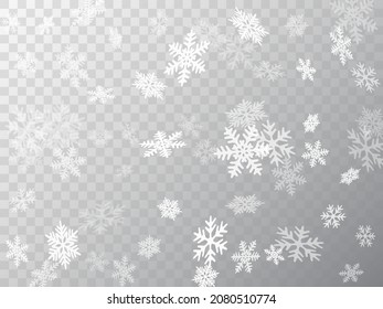 Snow flakes falling macro vector illustration, christmas snowflakes confetti falling scatter banner. Winter xmas snow background. Airy flakes falling and flying winter seasonal weather vector.