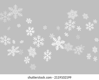 Snow flakes falling macro vector graphics, christmas snowflakes confetti falling scatter backdrop. Winter snow shapes decor. Motion flakes falling and flying winter cool vector background