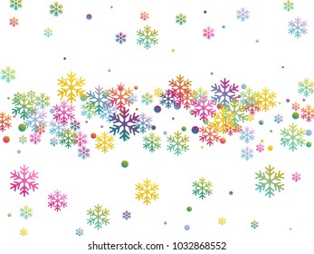 Snow flakes falling on white winter vector background. Snowflake and circle elements vector illustration, confetti chaotic scatter winter colorful on white background for poster, banner design. 