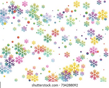 Snow flakes falling on white winter vector background. Snowflake and circle elements vector illustration, confetti chaotic scatter winter colorful on white background for poster, banner design. 