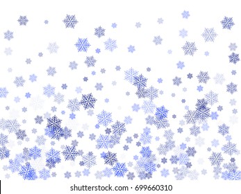 Snow flakes falling winter tale vector background. Snowflake macro vector illustration, water freezing parts, blue and white snow flakes confetti chaotic scatter. Winter New Year snow background. 