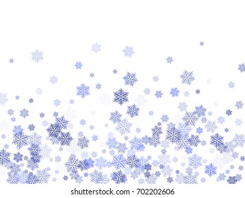 Snow flakes falling winter tale vector background. Snowflake macro vector illustration, water freezing parts, blue snow flakes confetti chaotic scatter. Winter nature Christmas snow background.