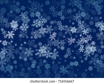 Snow flakes falling winter vector background. Snowflake macro illustration, water freezing parts, snow elements, flakes confetti chaotic scatter. 