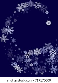 Snow flakes falling winter vector background. Snowflake macro illustration, water freezing parts, snow elements, flakes confetti chaotic scatter. Cold weather symbols.