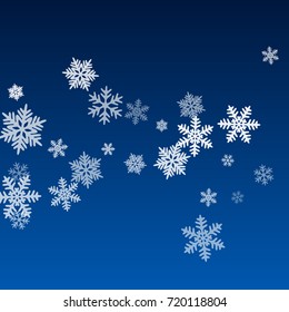 Snow flakes falling winter vector background. Snowflake macro illustration, water freezing parts, snow elements, flakes confetti chaotic scatter. Cold weather symbols.