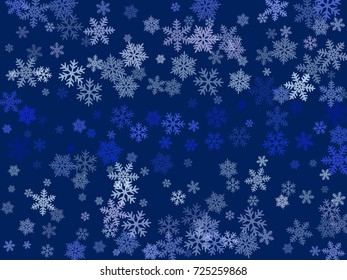 Snow flakes falling winter vector background. Snowflake macro illustration, water freezing parts, snow elements, flakes confetti chaotic scatter. Cold weather symbols.