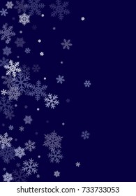 Snow flakes falling winter vector background. Snowflake macro illustration, water freezing parts, snow elements, flakes confetti chaotic scatter. Cold weather symbols.