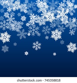 Snow flakes falling winter vector background. Snowflake macro illustration, water freezing parts, snow elements, flakes confetti chaotic scatter. Cold weather symbols.