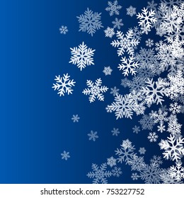 Snow flakes falling winter vector background. Snowflake macro illustration, water freezing parts, snow elements, flakes confetti chaotic scatter. Cold weather symbols.