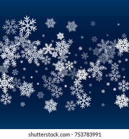 Snow flakes falling winter vector background. Snowflake macro illustration, water freezing parts, snow elements, flakes confetti chaotic scatter. Cold weather symbols.