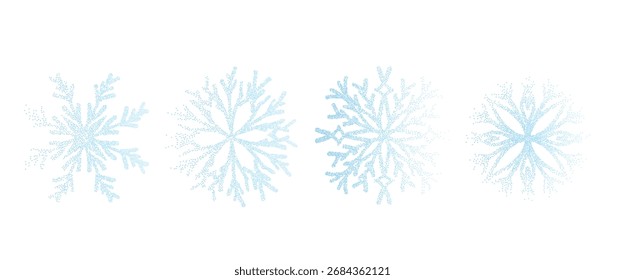 Conjunto de gradiente de ruido de grano de copos de nieve. Temporada de invierno dotworks Elementos de gradación azul. Navidades de aerógrafo. Formas congeladas de semitono de Vector aisladas sobre fondo transparente.