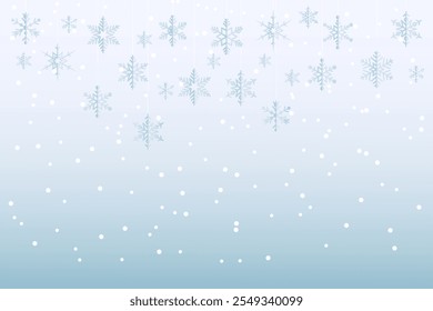 Copos de nieve colgando y flotando sobre fondo blanco y azul degradado