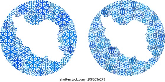 Snow flakes Iran map collage designed with sphere and subtracted space. Vector Iran map mosaic of snow ojects in variable sizes and blue color tones. Designed for winter news.