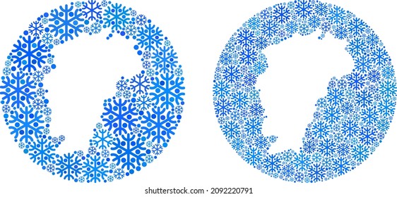 Snow flakes Jiangxi Province map collage is composed with circle and subtracted shape. Vector Jiangxi Province map collage of snowflake parts in various sizes and blue color tinges.
