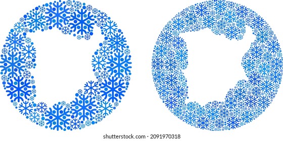 Snow flakes Koh Samui map collage is designed with circle and hole. Vector Koh Samui map collage of snow particles in different sizes and blue color hues. Designed for Christmas proclamations.