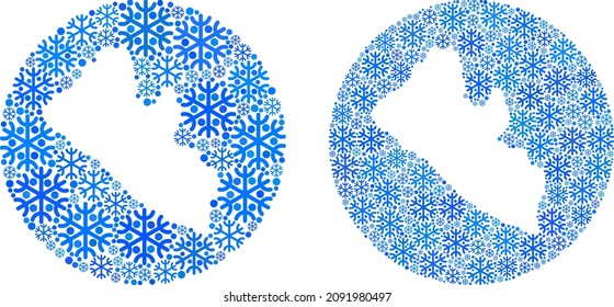 Snow flakes Liberia map collage formed with sphere and subtracted space. Vector Liberia map collage of snow items in different sizes and blue color hues. Created for New Year advertisement.