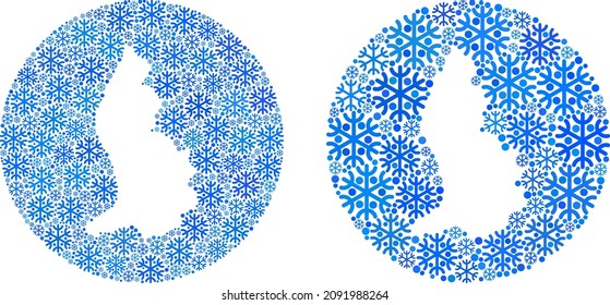Snow flakes Liechtenstein map collage is composed with sphere and stencil. Vector Liechtenstein map mosaic of snow particles in variable sizes and blue color tints. Created for New Year advertisement.