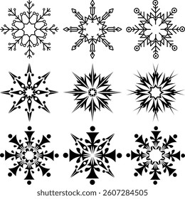 Snow flakes linear icon set